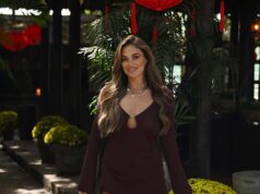 Courtney Inexperienced di TOWIE sfoggia uno spettacolo con le gambe lunghe in un mini abito marrone mentre si unisce a Dani Imbert ed Elma Pazar per le riprese in Vietnam