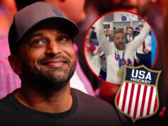 Il direttore dell’FBI Kash Patel festeggia con la squadra olimpica di hockey maschile degli Stati Uniti dopo la vittoria della medaglia d’oro