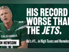 Un gruppo imprenditoriale californiano svela il cartellone pubblicitario di Instances Sq. che confronta Newsom con i NY Jets durante la settimana del Tremendous Bowl