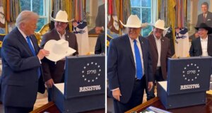 Il presidente Donald Trump indossa un cappello da cowboy da 10.000 dollari nello studio ovale